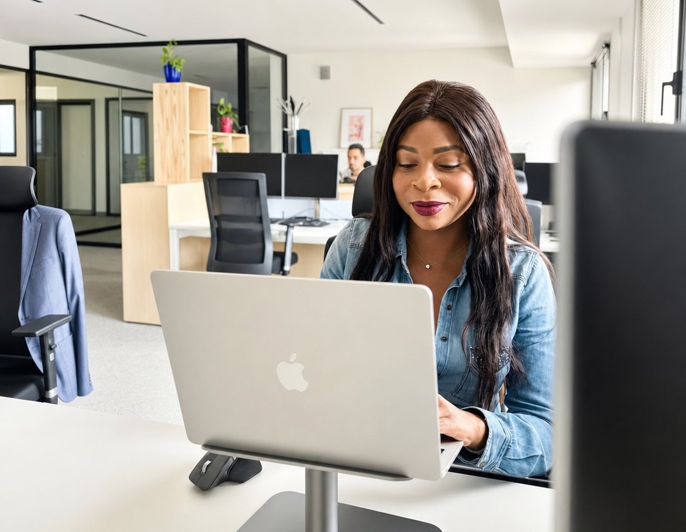 Consultante marketing Ylly souriante devant son ordinateur