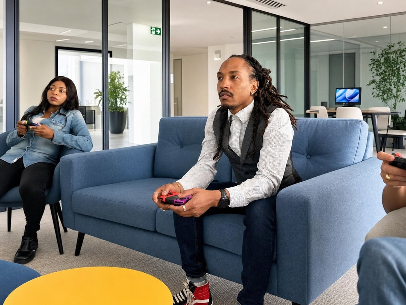 Échange informel entre collègues dans l'espace salon